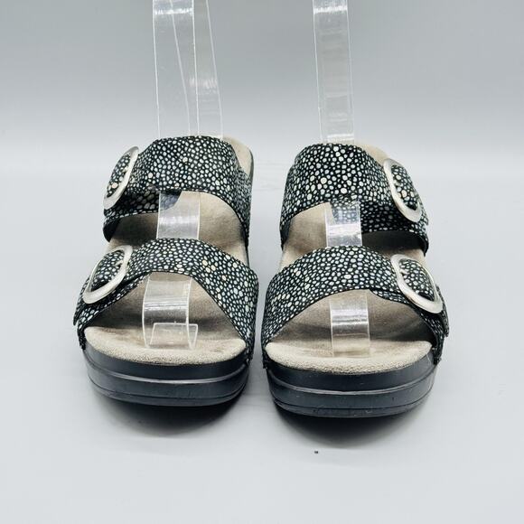 Dansko Sandals Womens 5 Black Leather Sophie Speckled Wedge Slide Buckle Strap - Picture 3 of 13